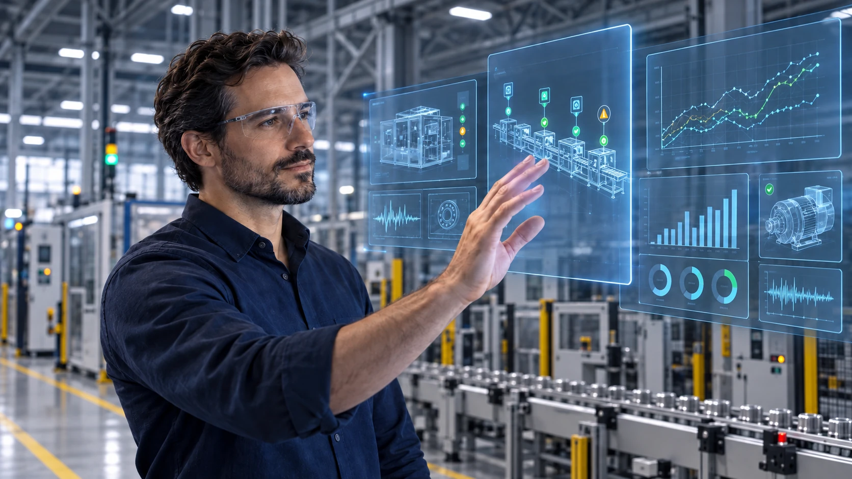 Industrial AI concept showing an engineer interacting with production data on a factory floor.